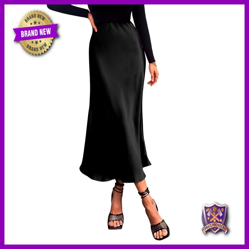 Satin Midi Skirt High Waisted A-Line Flowy Cocktail Wedding Casual
